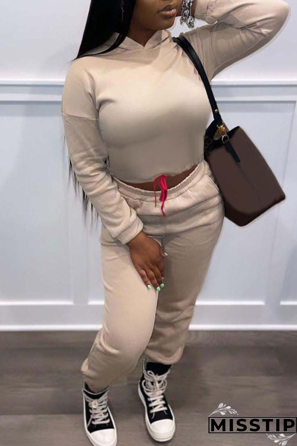 Apricot Casual Solid Patchwork Hooded Collar Long Sleeve Two Pieces