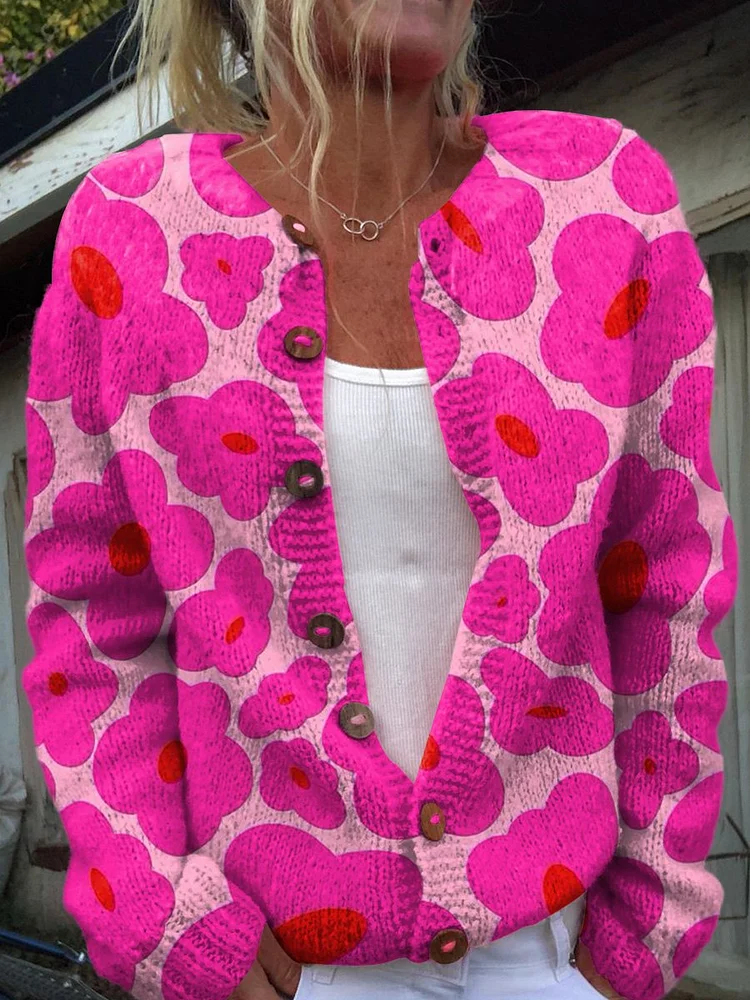 Vibrant Pink Floral Pattern Printed Buttoned Cardigan Sweater