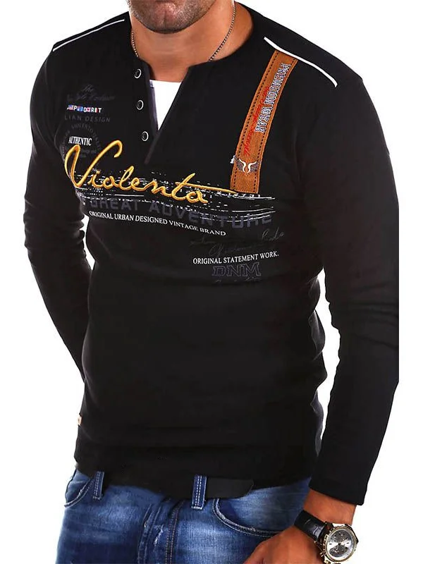 Men's Casual Letter Print Three Buttons Long Sleeve Henley T-Shirt