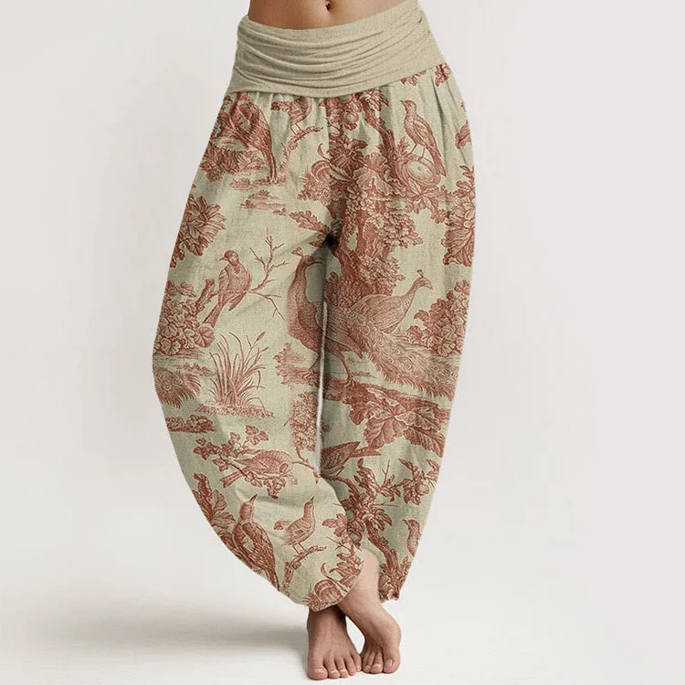 Cotton Birds Trees Branches Pattern Women's Elastic Waist Harem Pants