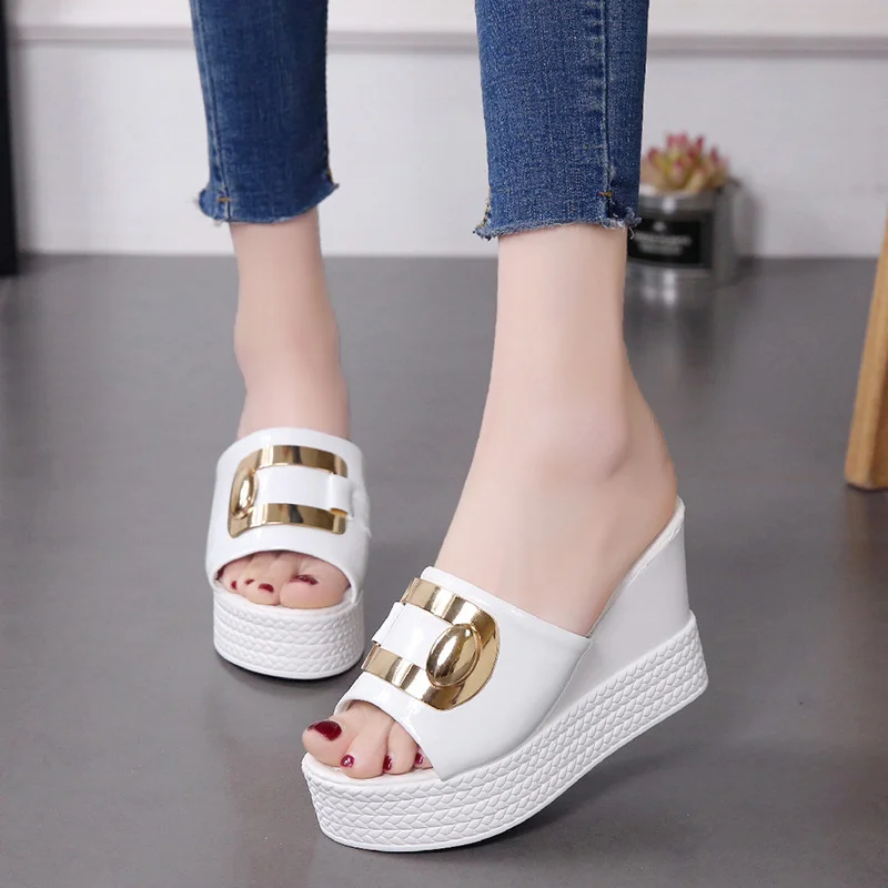 Wongn Wongn Summer New Wedge Sandals Platform Platform Shoes High Heel Fish Mouth Cool Drag A Word Drag Sequins Female Slippers To Wear