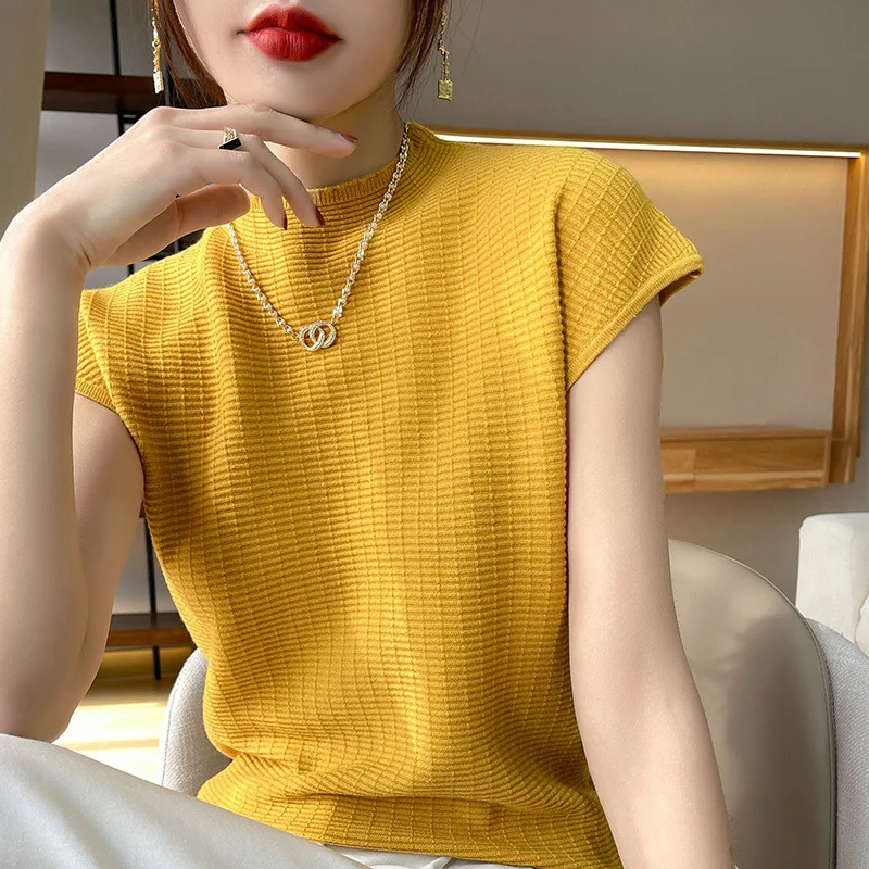 Churchf Churchf T-Shirt Women 2024 Spring Summer New Women's Half Sleeve Loose Show Thin Round Neck Knit Bottom Shirt Jacket Women