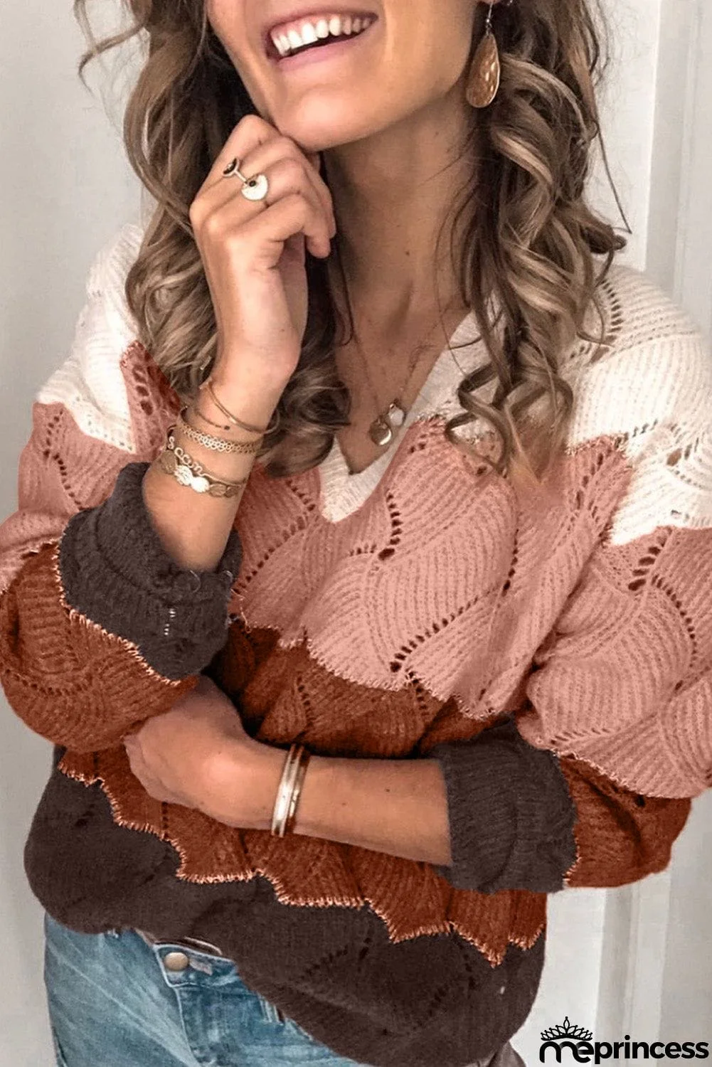 V Neck Colorblock Textured Knit Sweater