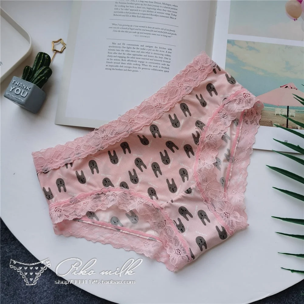 European Style Sexy Underwear Women's Ice Silk Printing Panties Fashion Lace Briefs Ladies Low Waist Underpants Female Lingerie