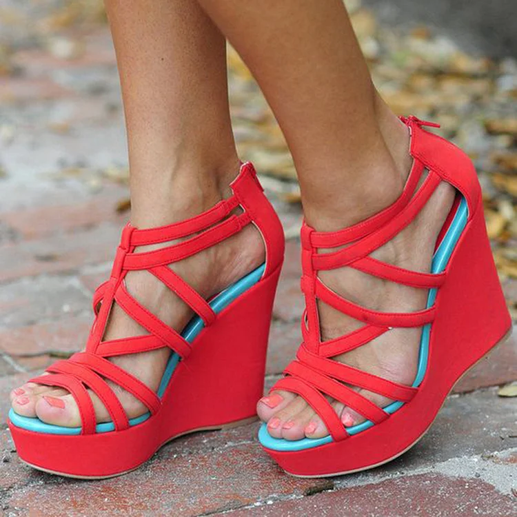 Blue and Red Strappy Platform Wedge Sandals with Vintage Zipper - Classic Peep Toe Shoes Vdcoo