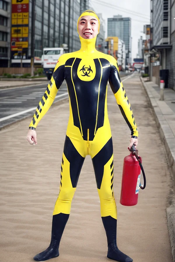 Men Latex Catsuits Biohazardous Hooded Biohazard Yellow