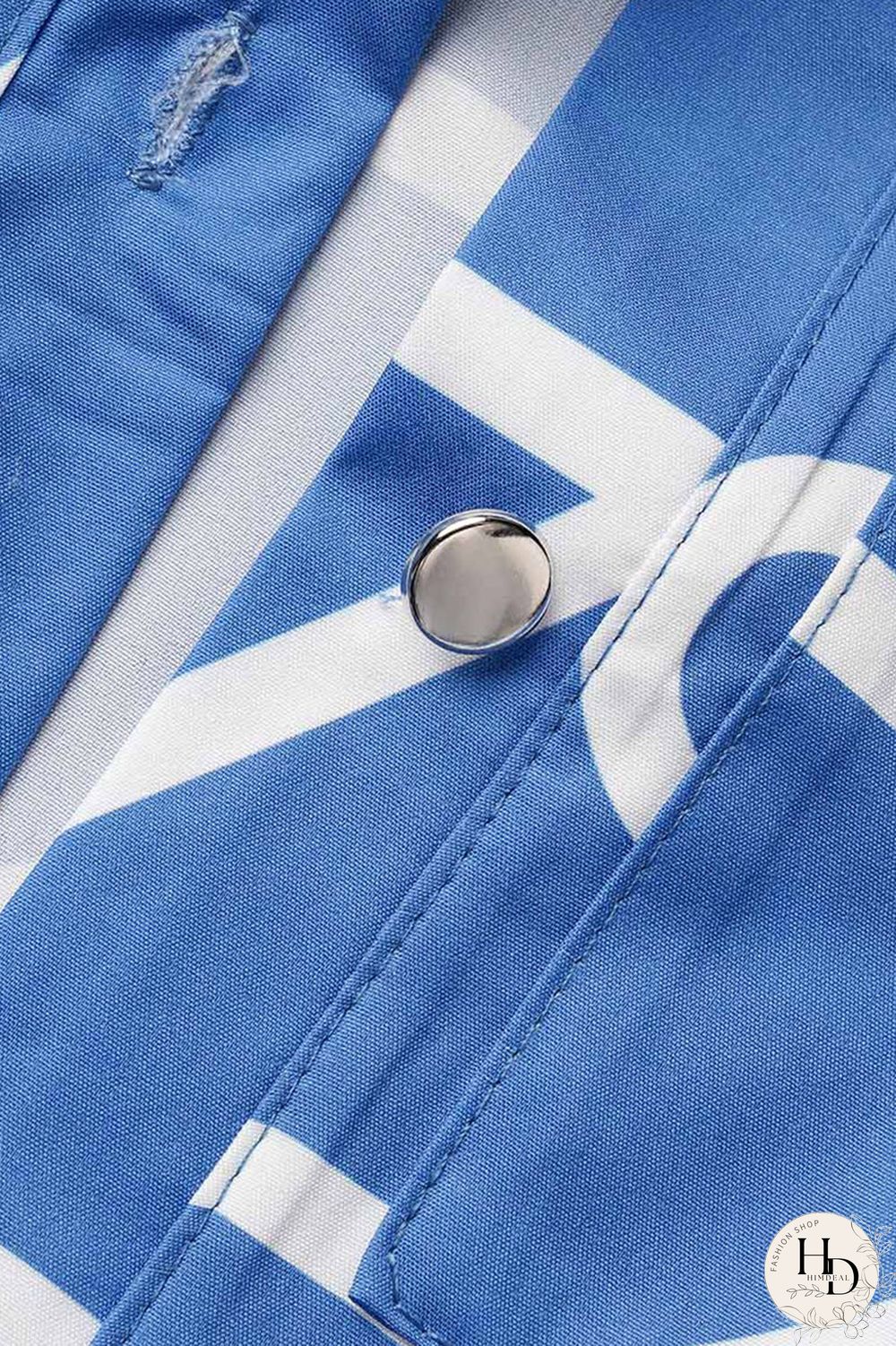 Blue Casual Print Patchwork Buckle Turndown Collar Tops