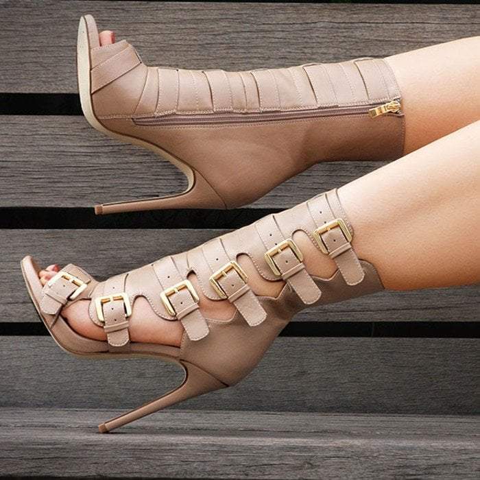 VCSHOES Mixed Color Hasp Peep-toe Zipper Stiletto High Heel Ankle Boot Sandals