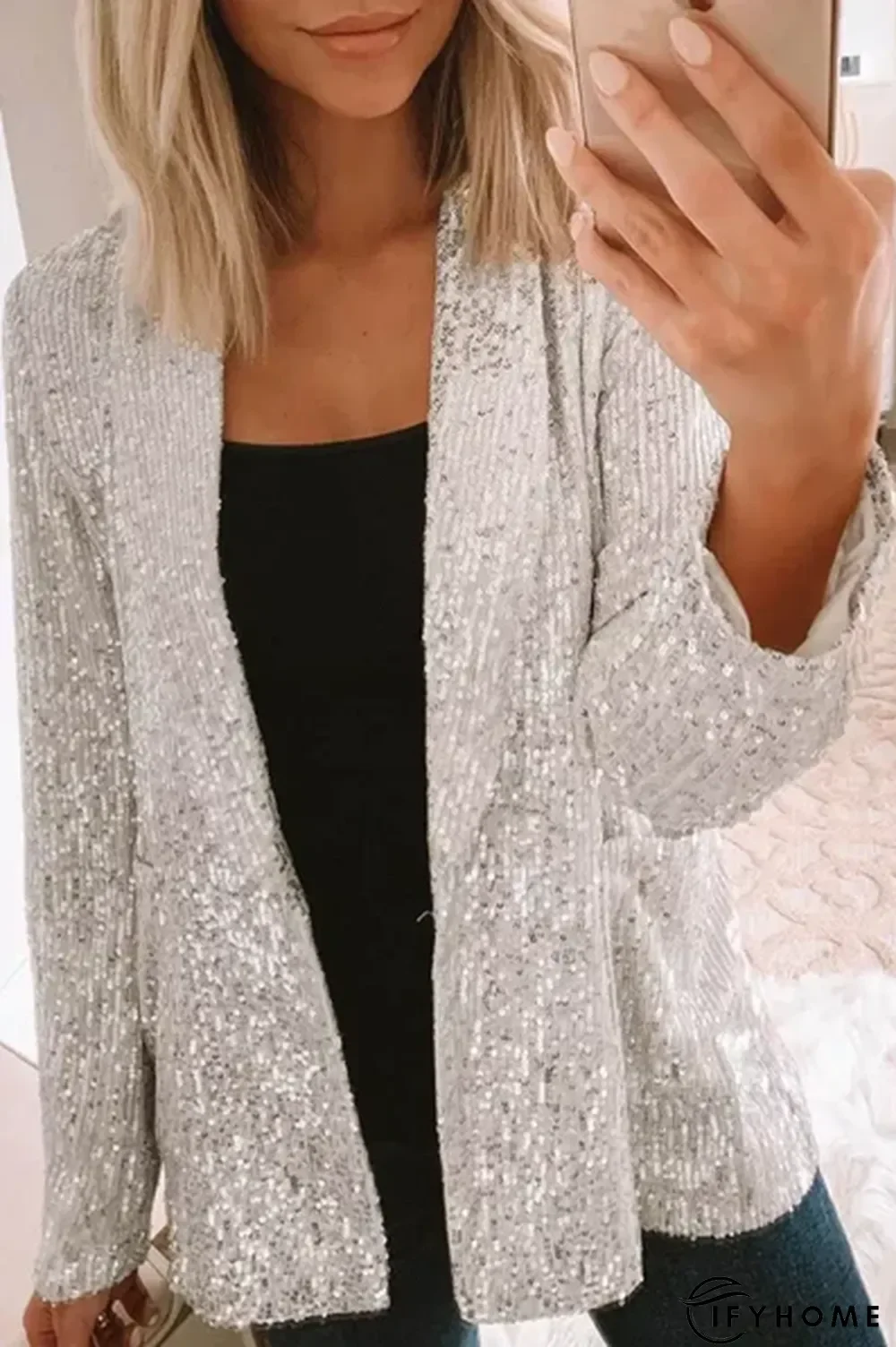 Street Patchwork Sequins Cardigan Collar Outerwear | IFYHOME