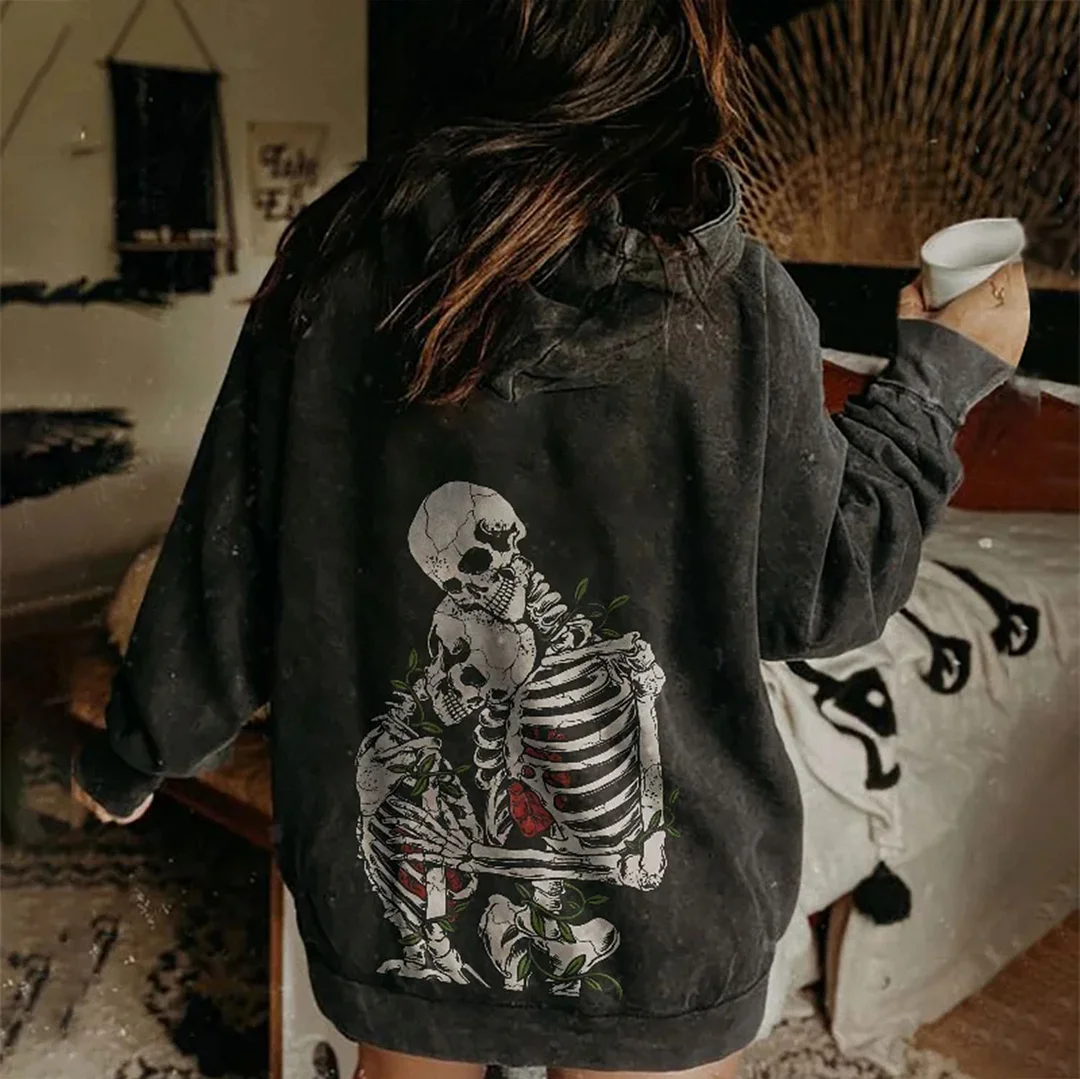 Couple Relationship Skulls Heart  Black Print Hoodie