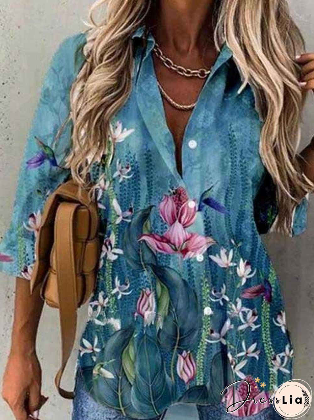 Lapel 3/4 Sleeve Printed Shirt