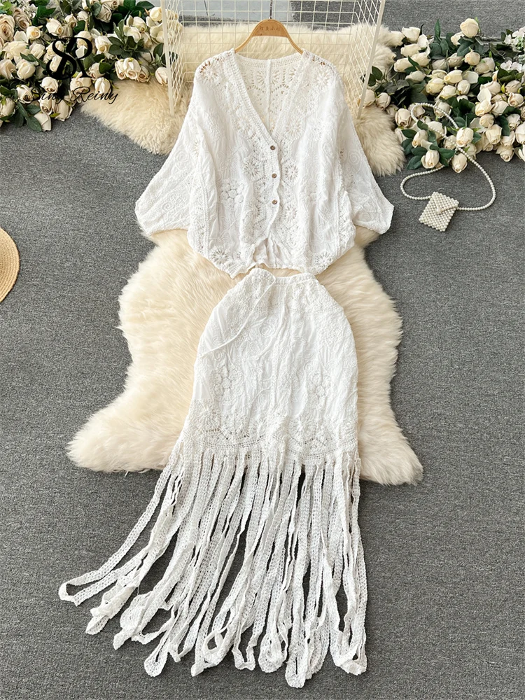 Huibahe Bohemian Style Women Loose Suits Hook Flower Hollow Out Bat Sleeve Shirt+Tassels Drawstring Bodycon Skirt Spring Sets