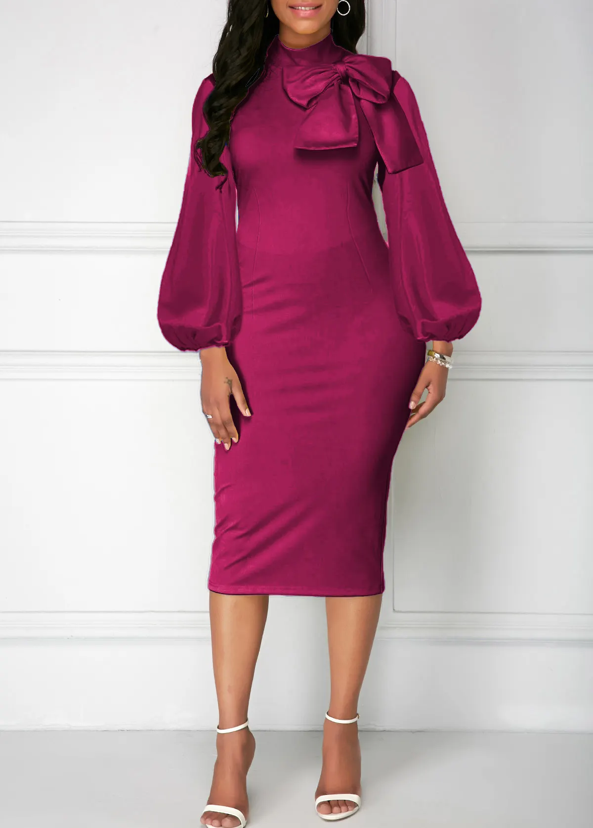 Bowknot Neck Lantern Sleeve Sheath Dress