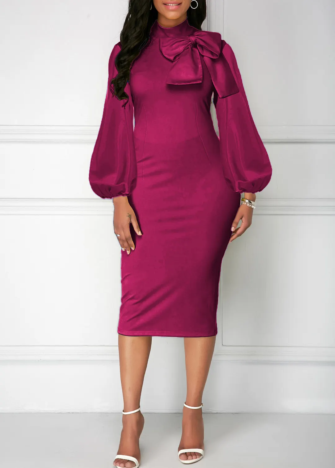 Bowknot Neck Lantern Sleeve Sheath Dress