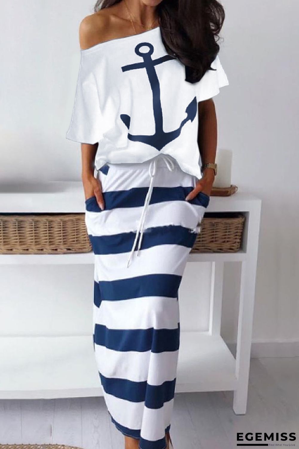 White Fashion Casual Print Basic Oblique Collar Half Sleeve Two Pieces | EGEMISS