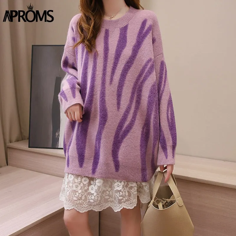 Aproms Elegant Green Striped Print Oversized Pullovers Women Winter O-Neck Loose Long Sweaters Streetwear Warm Outerwear 2021