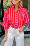 Women's Red Stripe Tie Puff Sleeve Button Down Shirt