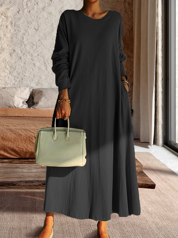 Patchwork Midi Dress Long Sleeve Crew Neck Dress
