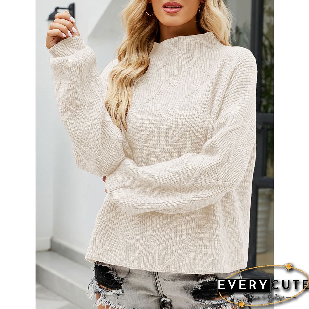 White Textured Mock Neck Solid Color Sweater
