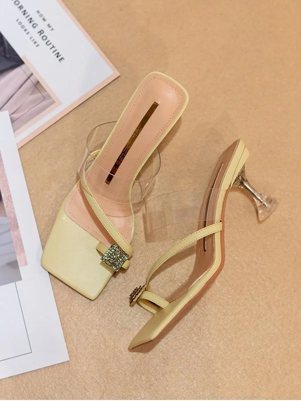 Square toe rhinestone flip flops crystal heel sandals