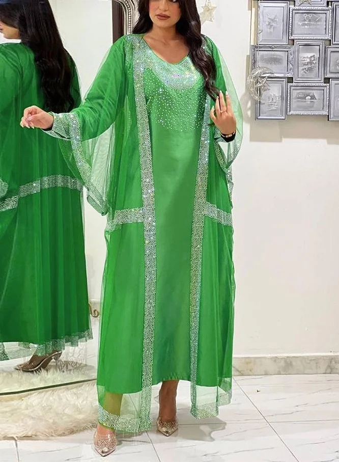 Women's Fashion Diamond Embellished Abaya Gown Set Dress