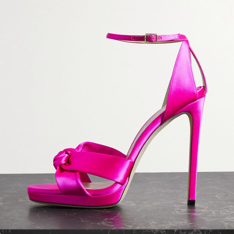 Pink Satin Open Toe Stiletto Heel Ankle Strap Sandals with Platform Nicepairs