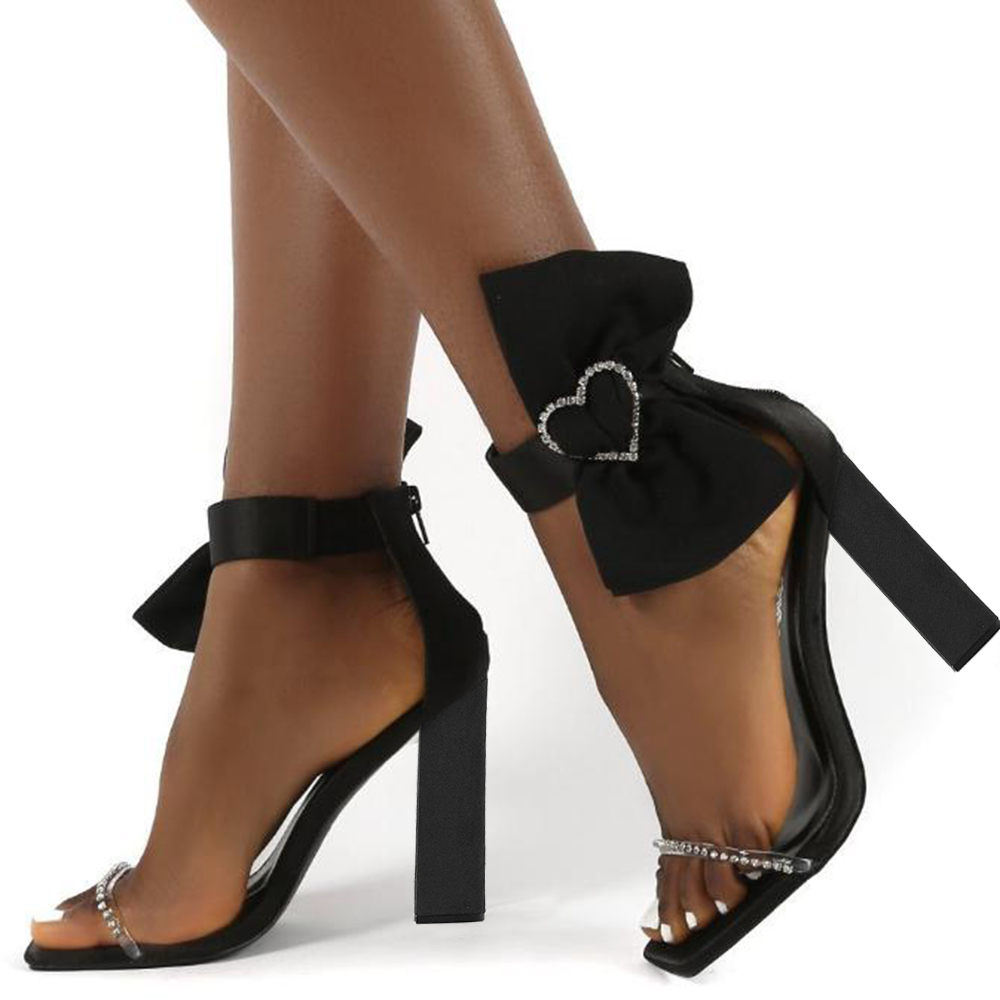 Black Satin Open Toe 4'' Chunky Heel Ankle Strap Sandals with Bow Nicepairs