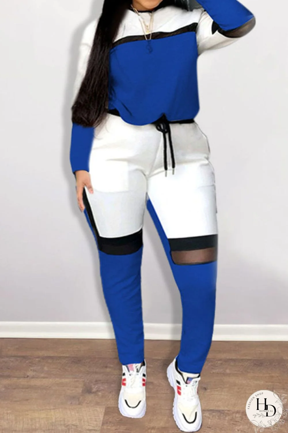 Blue Casual Sportswear Solid Patchwork O Neck Plus Size Two Pieces