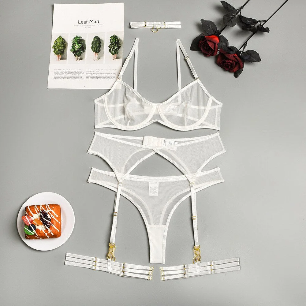 MIRABELLE Sensual Lingerie See Through Set Woman 4-Pieces Erotic Intimate Seamless Underwear Lace Bra and Panty Set Exotic Sets