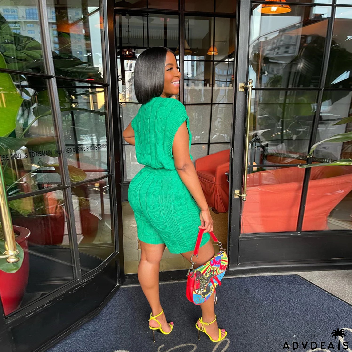 Sexy Solid Deep V Neck Sleeveless Loose Sweater Slim Shorts Two Piece Set