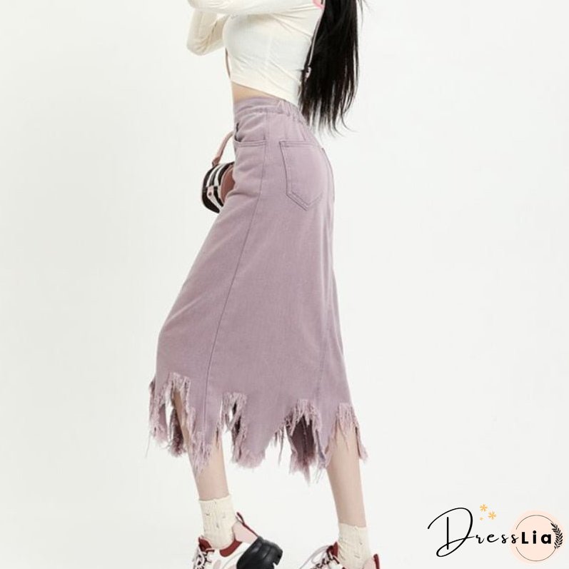 Back School Outfits Tassel Raw Edge Denim Skirt Women Design Sense Hotsweet High Waist A