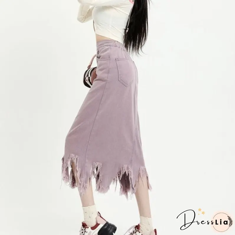 Back School Outfits Tassel Raw Edge Denim Skirt Women Design Sense Hotsweet High Waist A