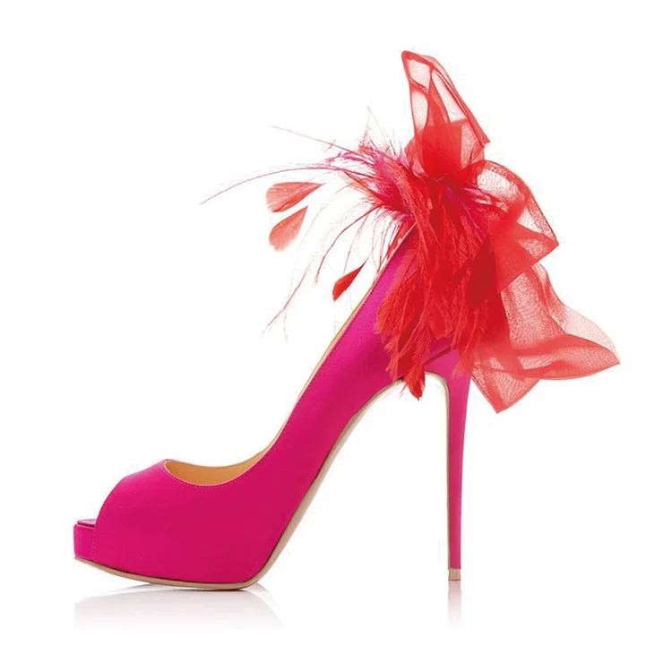Hot Pink Evening Shoes Peep Toe Back Bow Stiletto Heel Pumps |FSJ Shoes