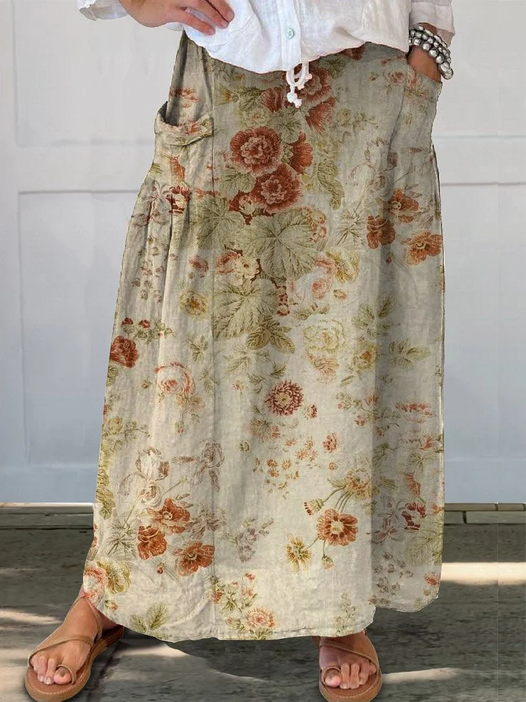 Women's Retro Floral Art Print Casual Linen Pocket Skirt