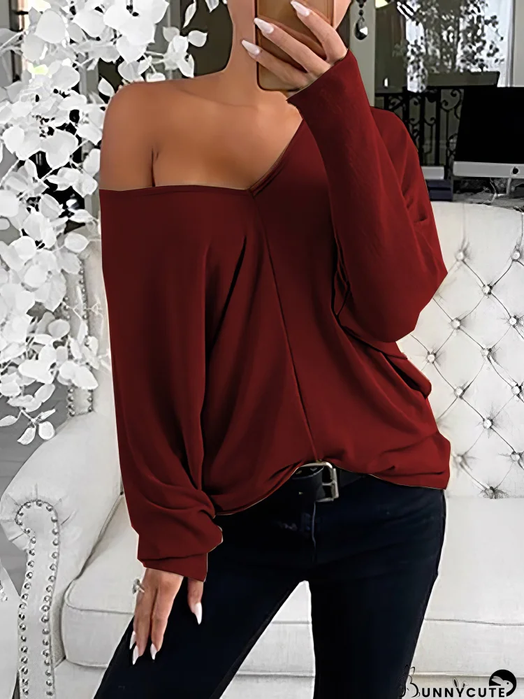 Simple V-Neck Off-Shoulder Long Sleeve T-Shirt