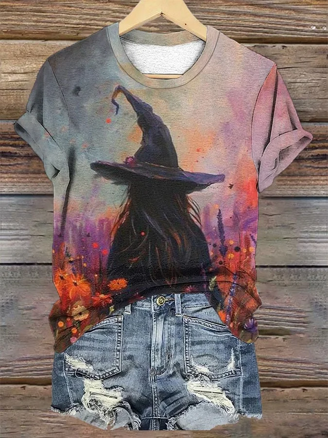 Women's Halloween Summer Witch In The Wildflowers Print Casual Tee