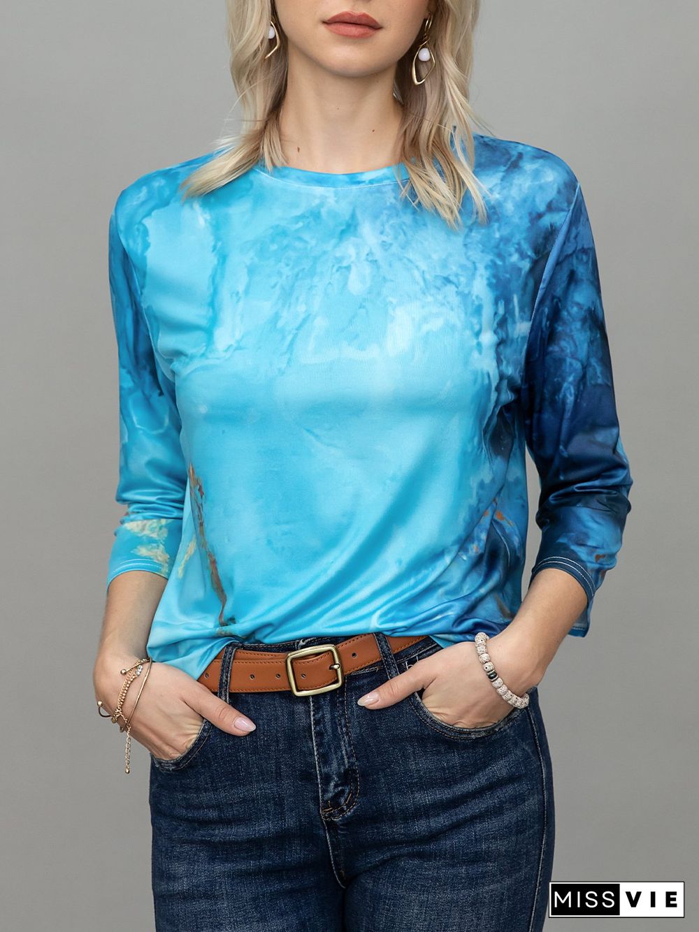Printed Long Sleeve Crew Neck Casual T-shirt