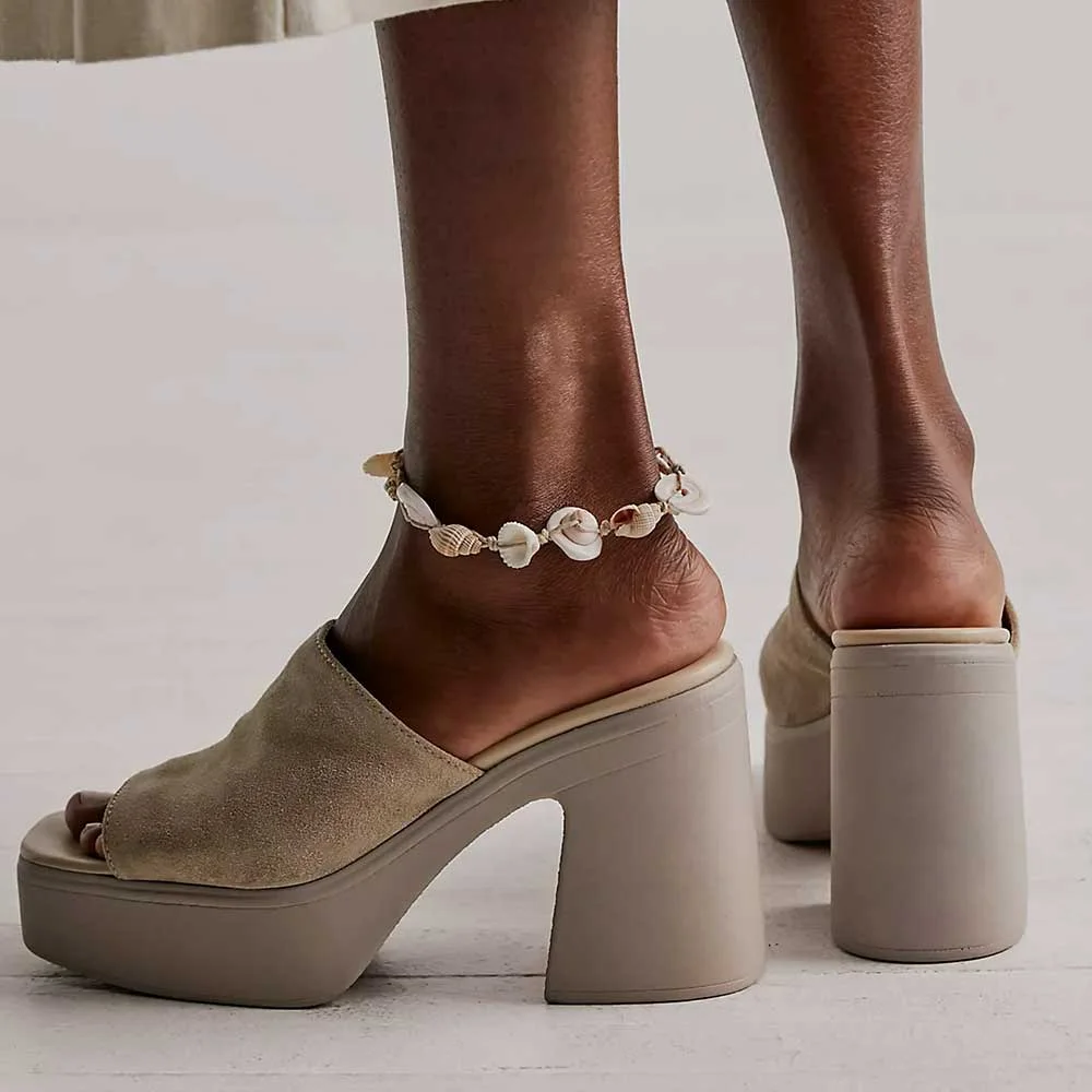 Beige Vegan Suede Wide Strap Square Toe Platform High Heeled Mules