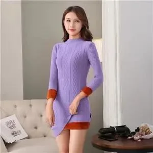 Autumn Winter Solid Knitted Sweater Dresses New Women Fashion Turtleneck Pullover Female Knitted Dress Vestidos Plus size 3XL