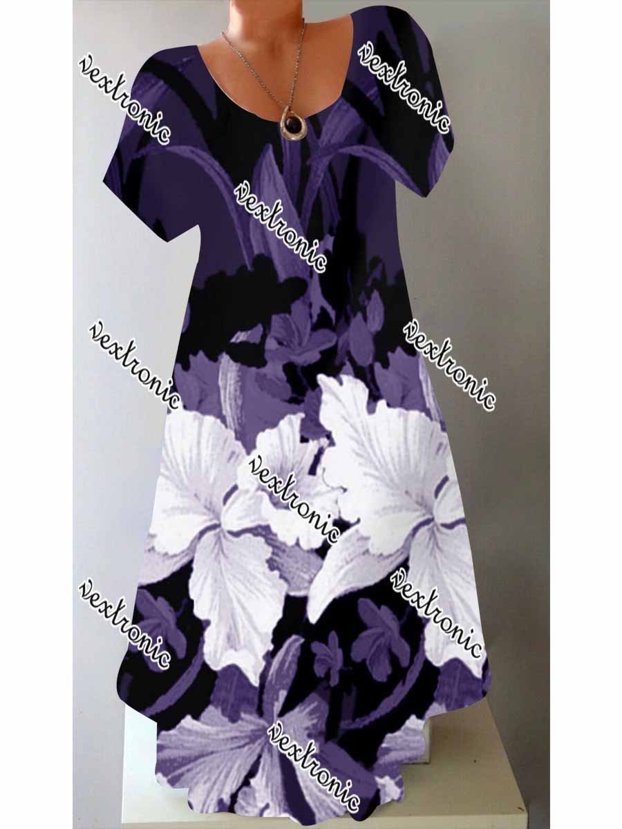 Women Round Neck Short Sleeve Floral Printed Midi Dress
