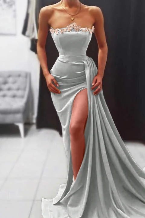 Orange Long Mermaid Strapless Ruffles Prom Dress with Split main image 0