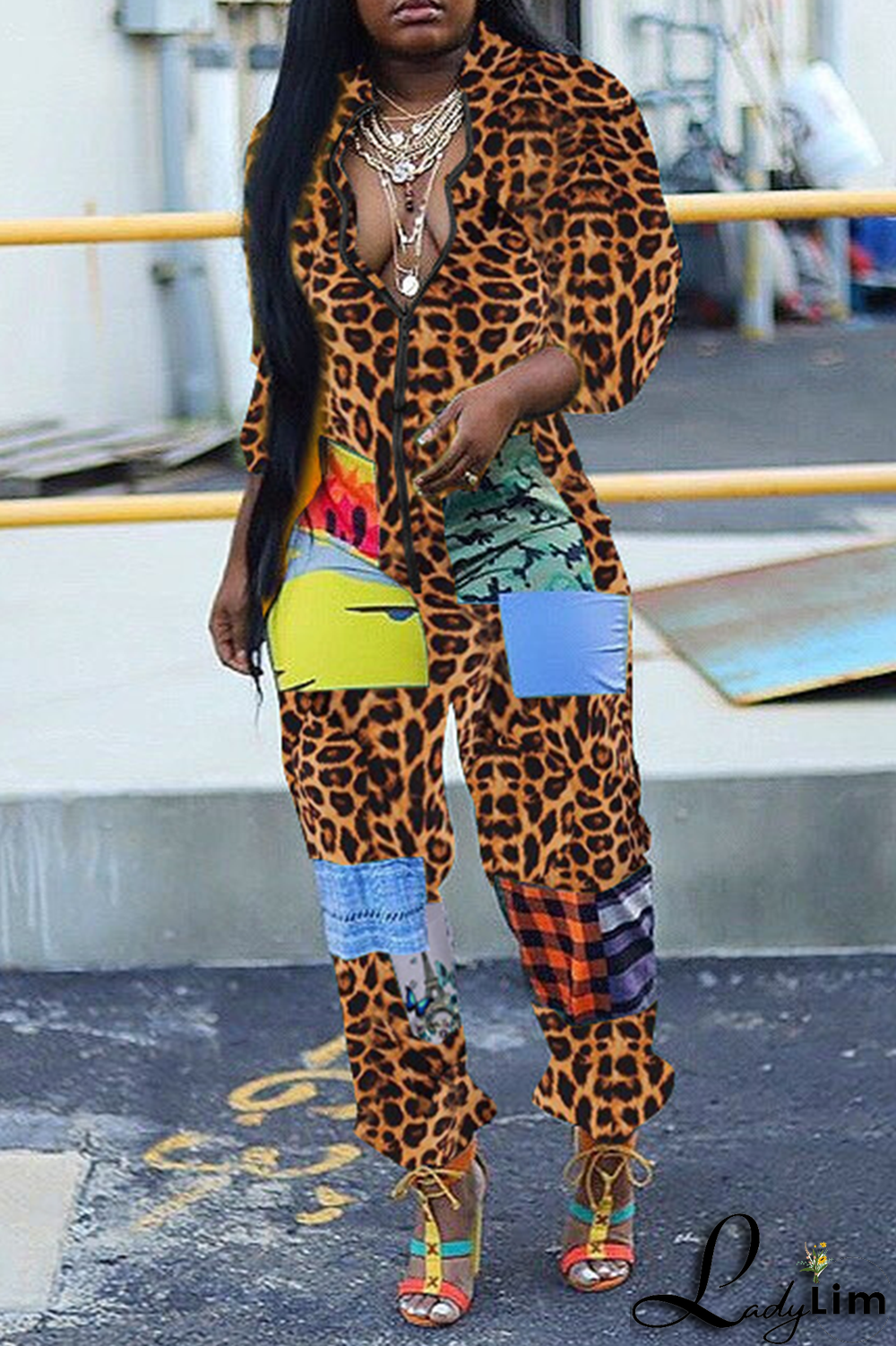 Black Sexy Patchwork Colorblock Printing O Neck Jumpsuits