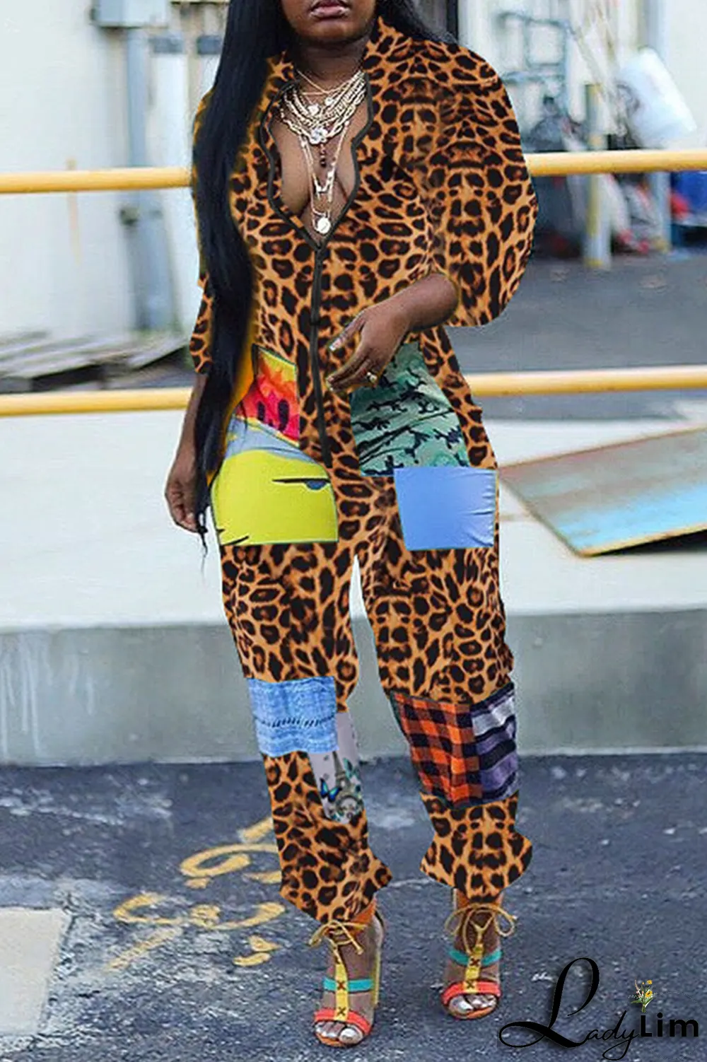 Black Sexy Patchwork Colorblock Printing O Neck Jumpsuits