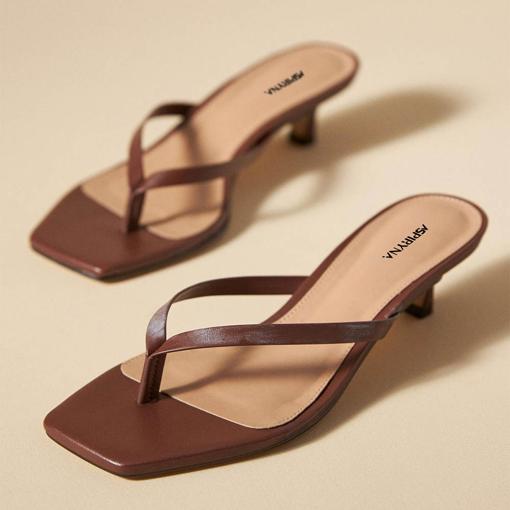 Chocolate Brown Square Toe Low Kitten Heel Slip On Sandals Nicepairs