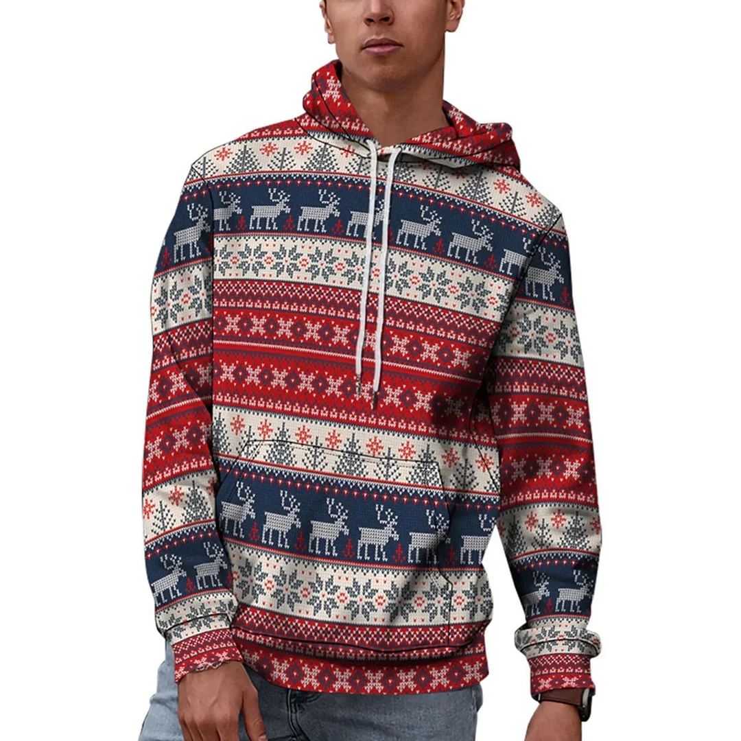 Men's Casual Sports Christmas Reindeer Series 3D Digital Printed Hooded Pullover