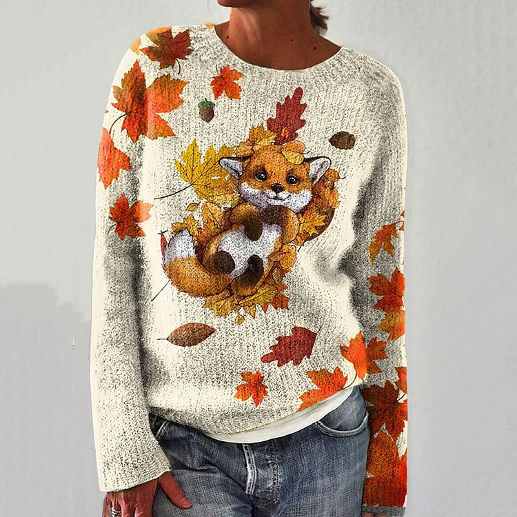 Utbros Autumn Winter Cute Fox Maple Leaves Art Print Knitted Pullover Sweater