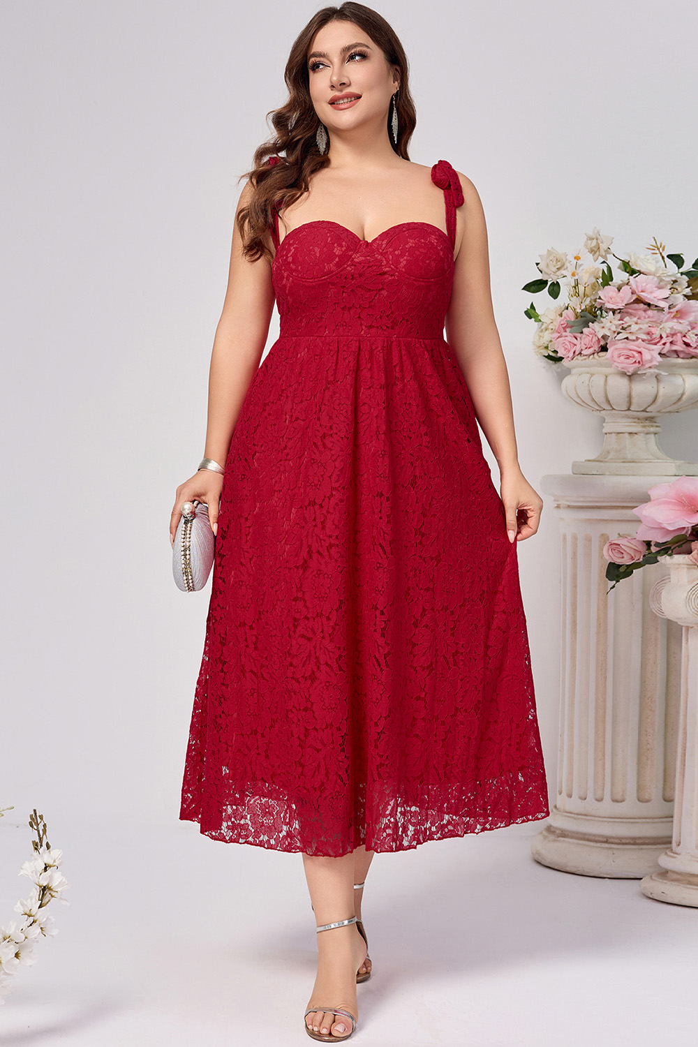 Plus Size Mother Of The Bride Red Lace Shoulder Tie Midi Dress 2024 - Flycurvy 