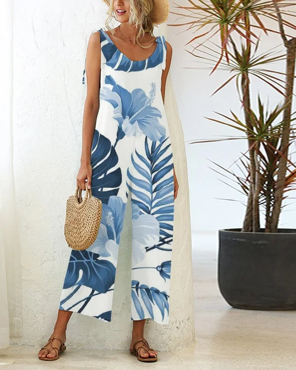 Casual Loose Lace-up Straight-leg Printed Jumpsuit