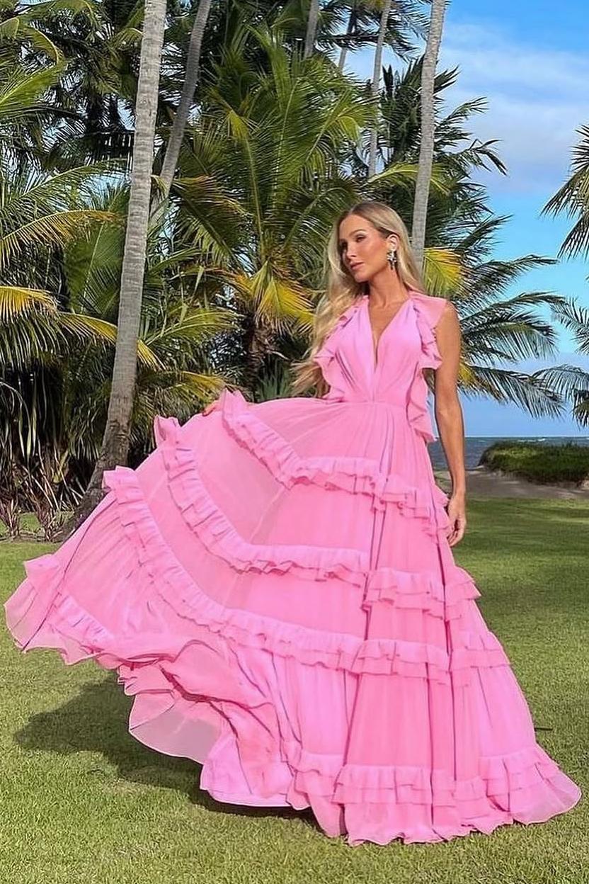 Lvs&Broner Halter Sleeveless Backless Long Prom Dress With Pleated Ruffles 