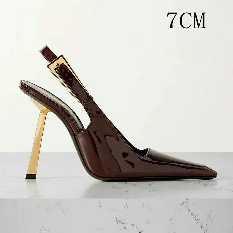 Black Patent Leather Gothic Pointed Sandals High Heel